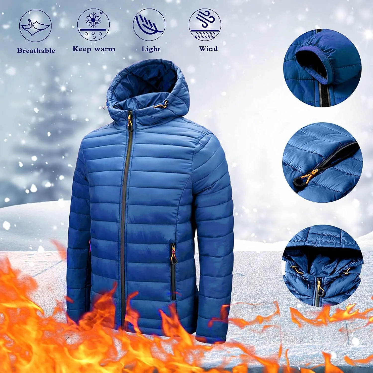 Mens Puffer Jacket with Hood Lightweight Slim Fit Jacket Long Sleeve Zip Up Hoodie Quilted Down Coat Winter Outwear