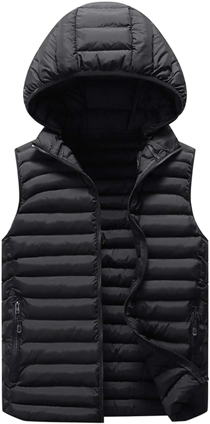 Mens Puffer Vest Fall Winter Quilted Puffer Down Vest Lightweight Slim Fit Zip Up Sleeveless Jacket with Hood