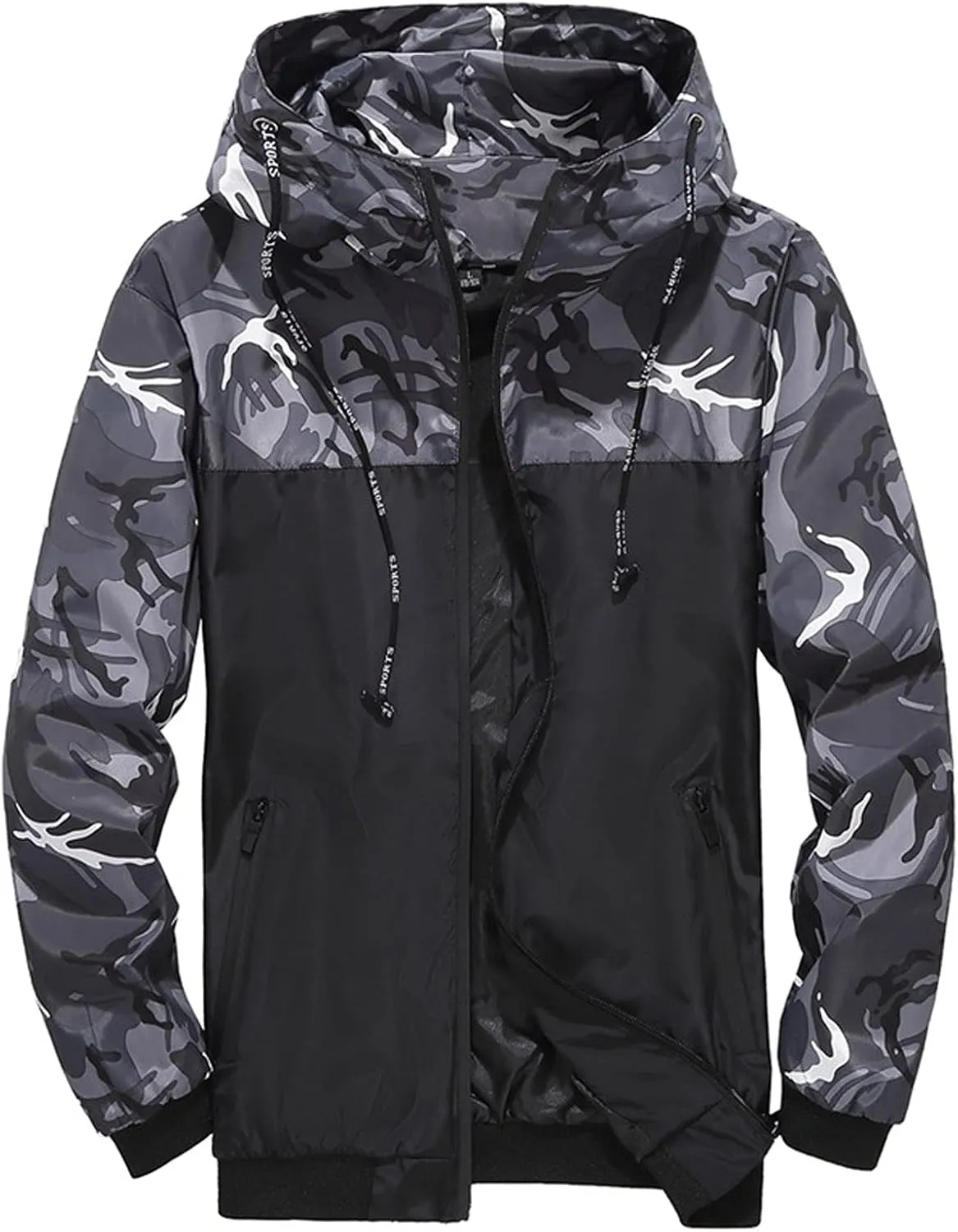 Mens Rain Jackets Zip Up Hooded Waterproof Windbreakers Loose Lightweight Coats Fashion Camo Jackets with Pockets