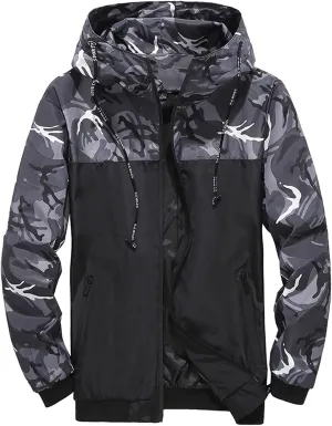 Mens Rain Jackets Zip Up Hooded Waterproof Windbreakers Loose Lightweight Coats Fashion Camo Jackets with Pockets