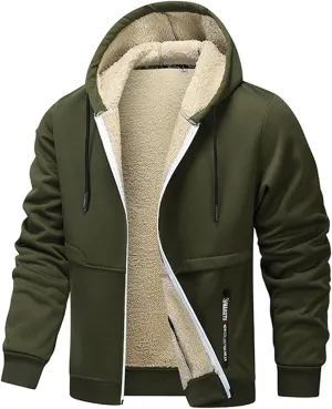 Men's Sherpa Hoodies Jacket Zip Up Fleece Lined Sweatshirt Winter Warm Jackets Hooded Casual Work Tops with Pocket