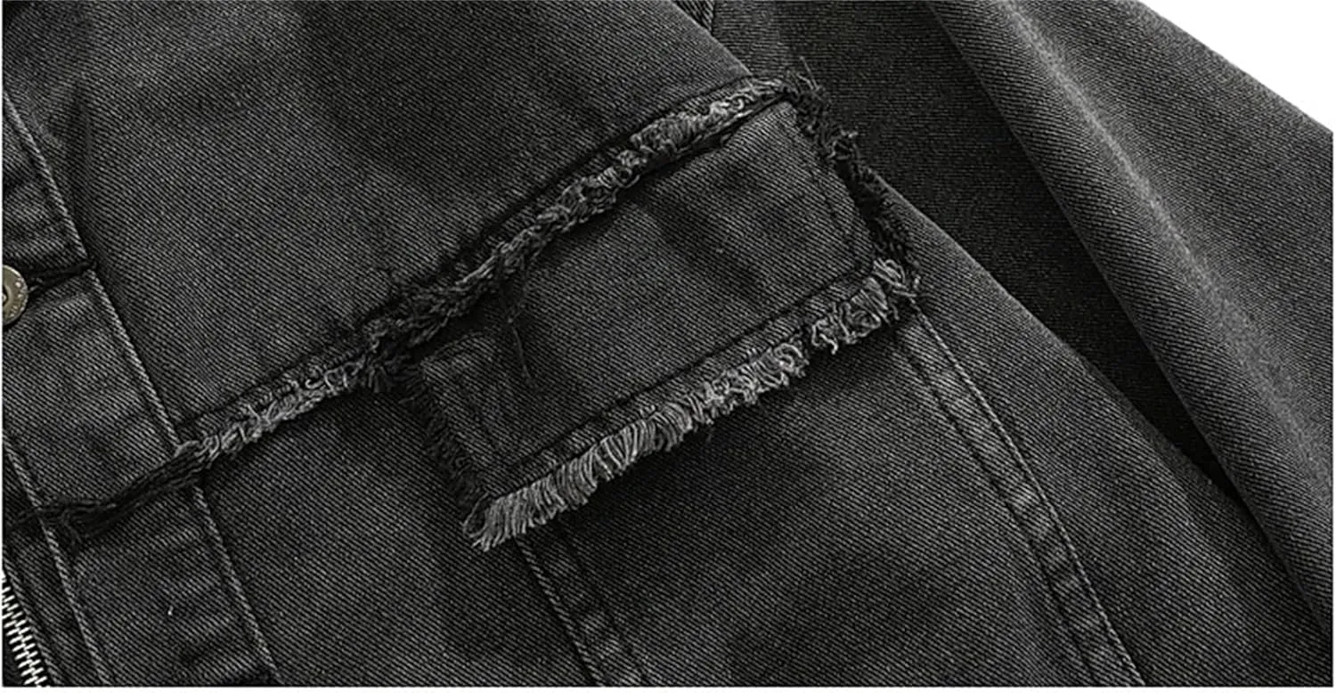 Men's Stand Collar Denim Jackets Casual Versatile Distressed Flex Stretch Workwear Trucker Jean Jackets