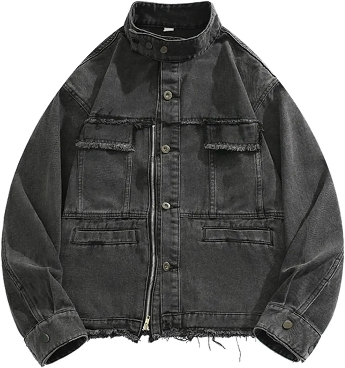 Men's Stand Collar Denim Jackets Casual Versatile Distressed Flex Stretch Workwear Trucker Jean Jackets