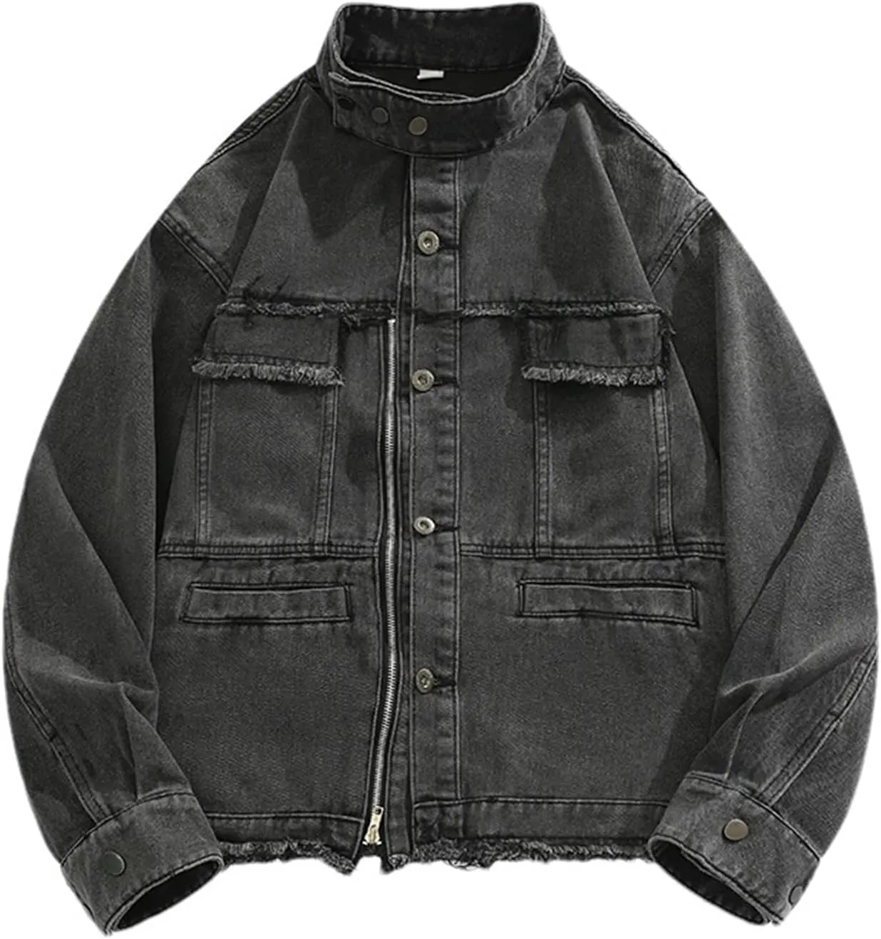 Men's Stand Collar Denim Jackets Casual Versatile Distressed Flex Stretch Workwear Trucker Jean Jackets