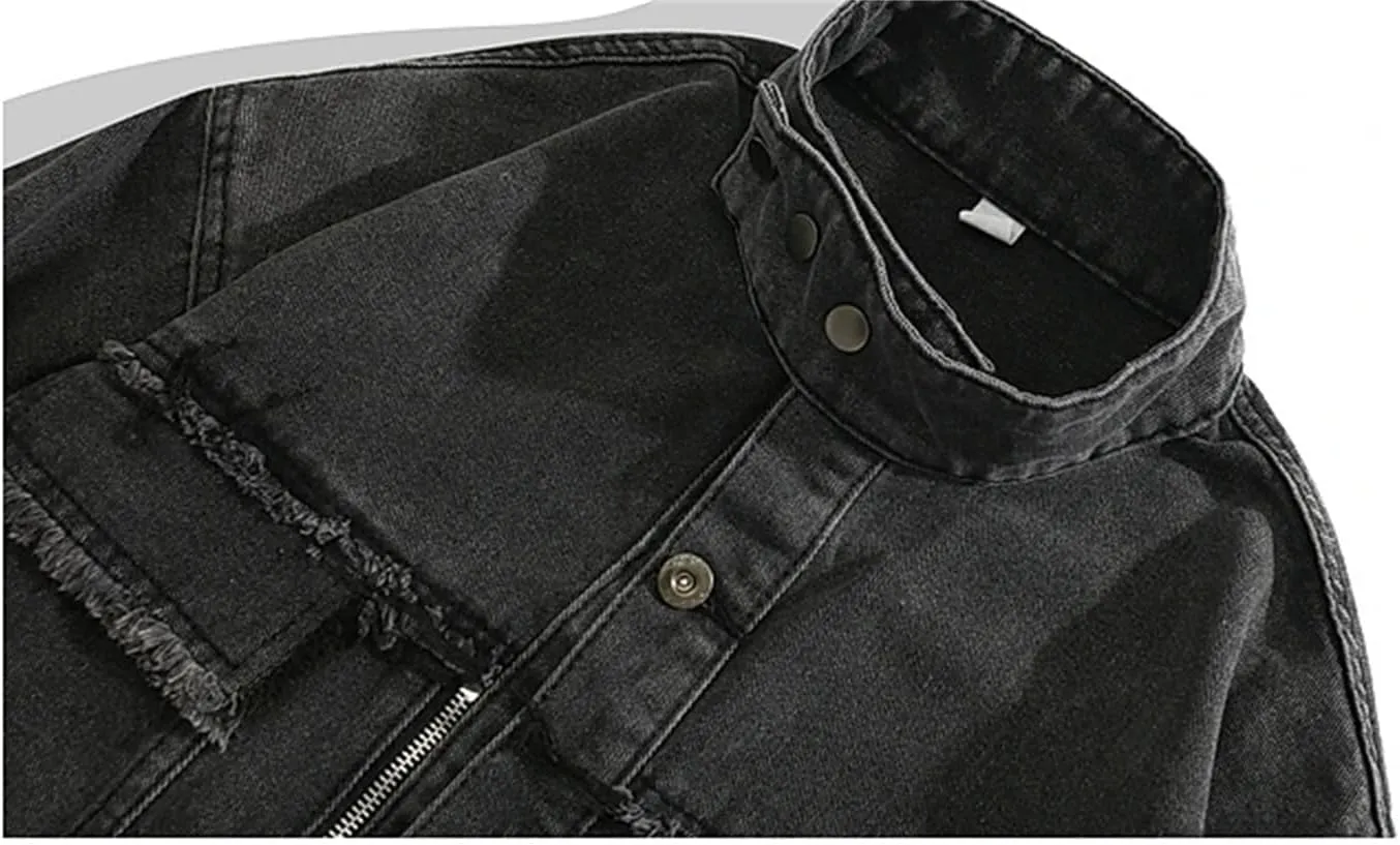 Men's Stand Collar Denim Jackets Casual Versatile Distressed Flex Stretch Workwear Trucker Jean Jackets