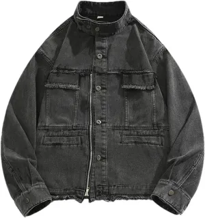 Men's Stand Collar Denim Jackets Casual Versatile Distressed Flex Stretch Workwear Trucker Jean Jackets