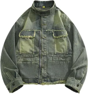 Men's Stand Collar Denim Jackets Casual Versatile Distressed Flex Stretch Workwear Trucker Jean Jackets