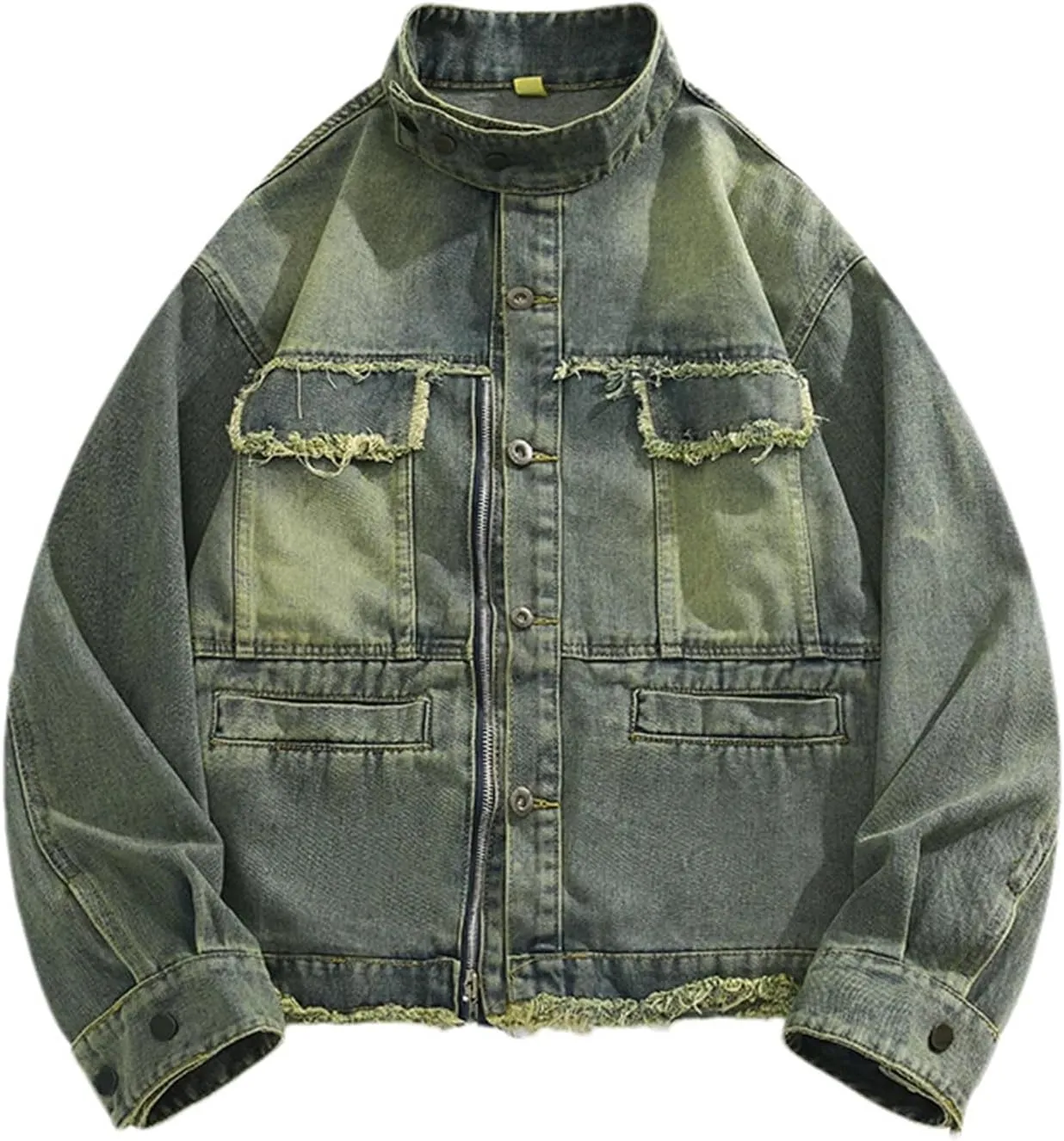 Men's Stand Collar Denim Jackets Casual Versatile Distressed Flex Stretch Workwear Trucker Jean Jackets