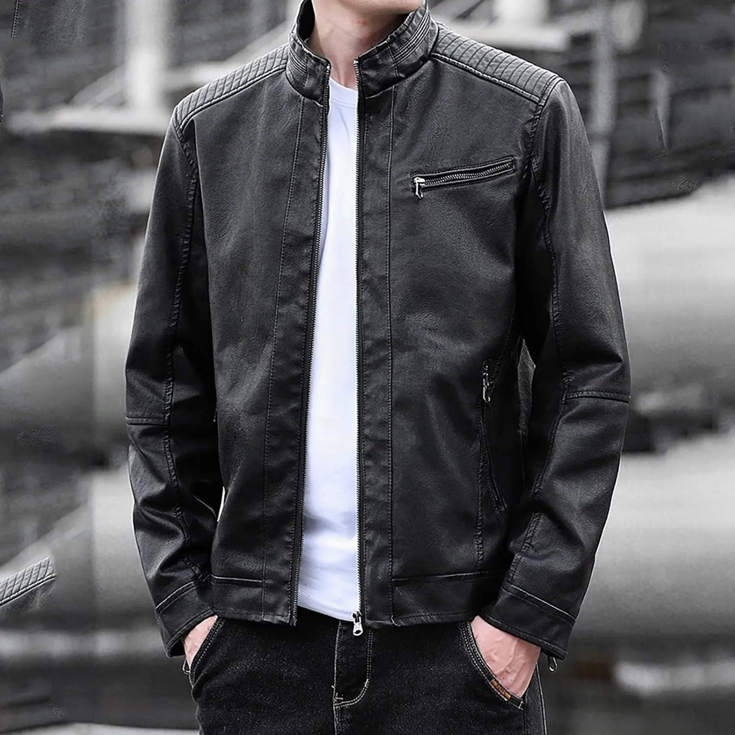Mens Stylish Faux Leather Jackets Vintage Biker Motorcycle Riding Jackets Stand Collar Trucker Jacket Leather Coat