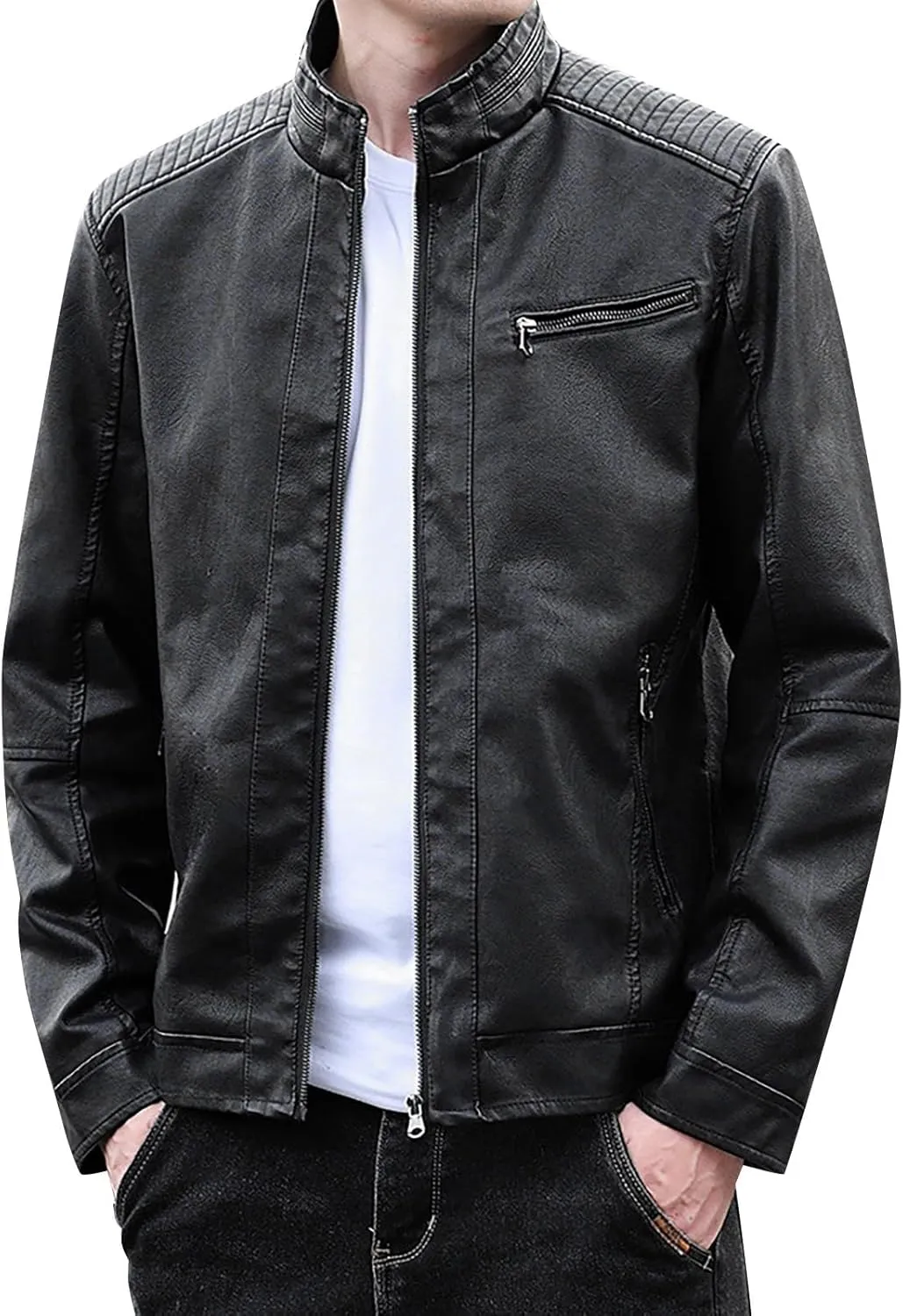 Mens Stylish Faux Leather Jackets Vintage Biker Motorcycle Riding Jackets Stand Collar Trucker Jacket Leather Coat