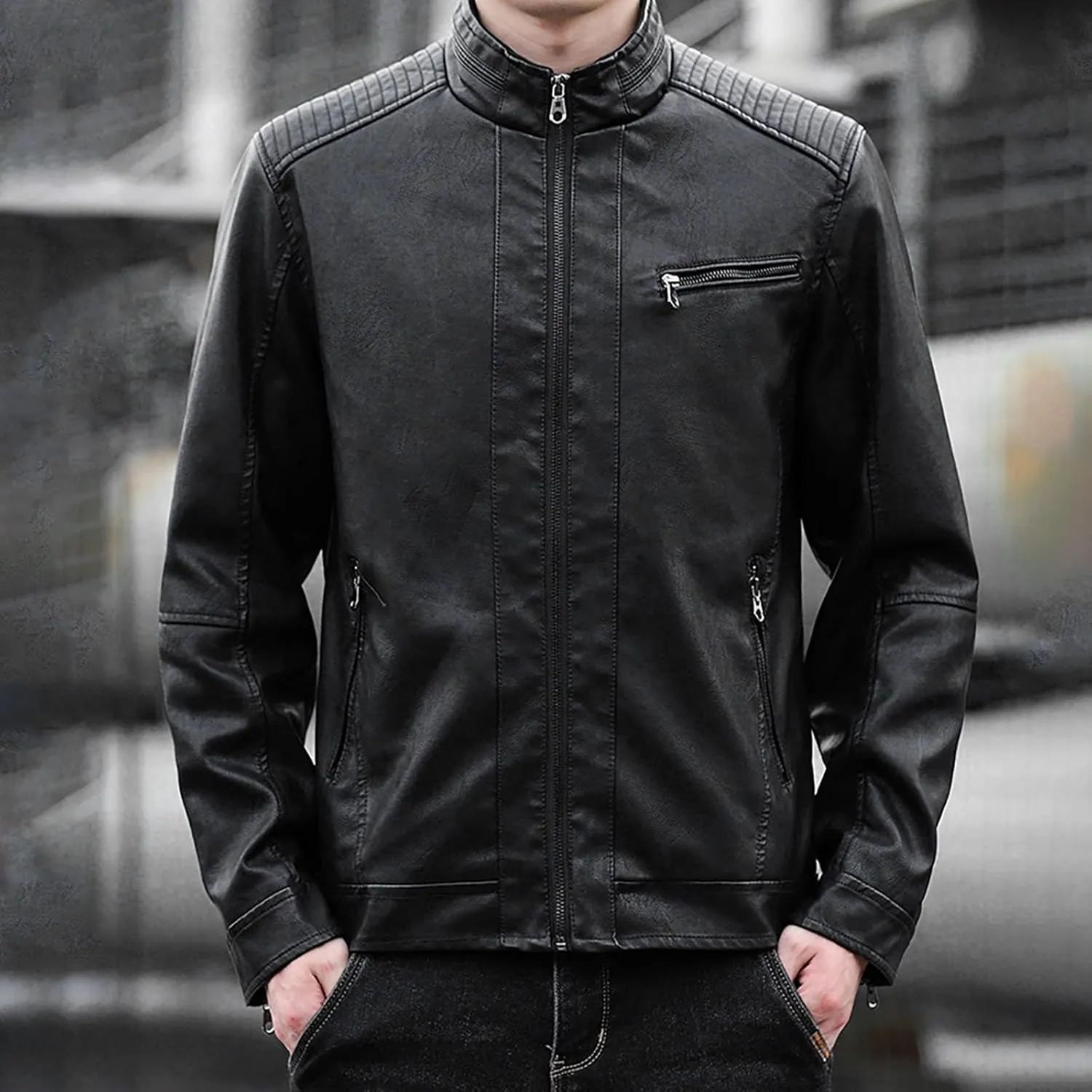 Mens Stylish Faux Leather Jackets Vintage Biker Motorcycle Riding Jackets Stand Collar Trucker Jacket Leather Coat