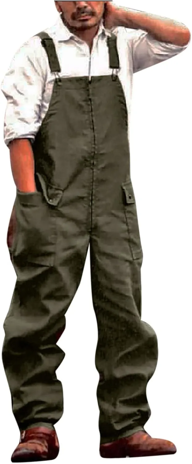 Mens Vintage Bib Overalls Relaxed Fit Canvas Bib Overalls Pockets Work Cargo Pants Lightweight Zipper Loose Jumpsuit
