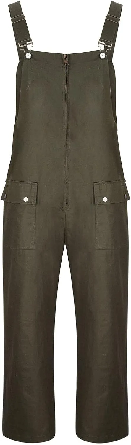 Mens Vintage Bib Overalls Relaxed Fit Canvas Bib Overalls Pockets Work Cargo Pants Lightweight Zipper Loose Jumpsuit