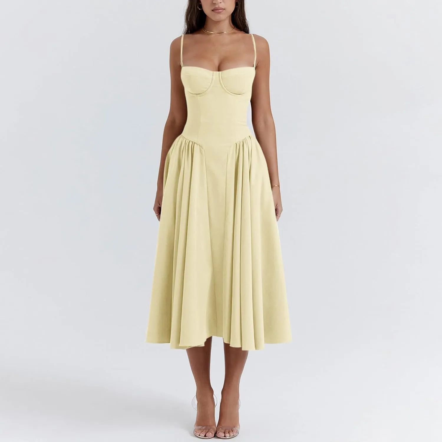 midelxp Womens Corset Dress Elegant Spaghetti Strap Bustier Midi Dress Low Cut Flowy Pleated Hem Formal Dresses with Pockets