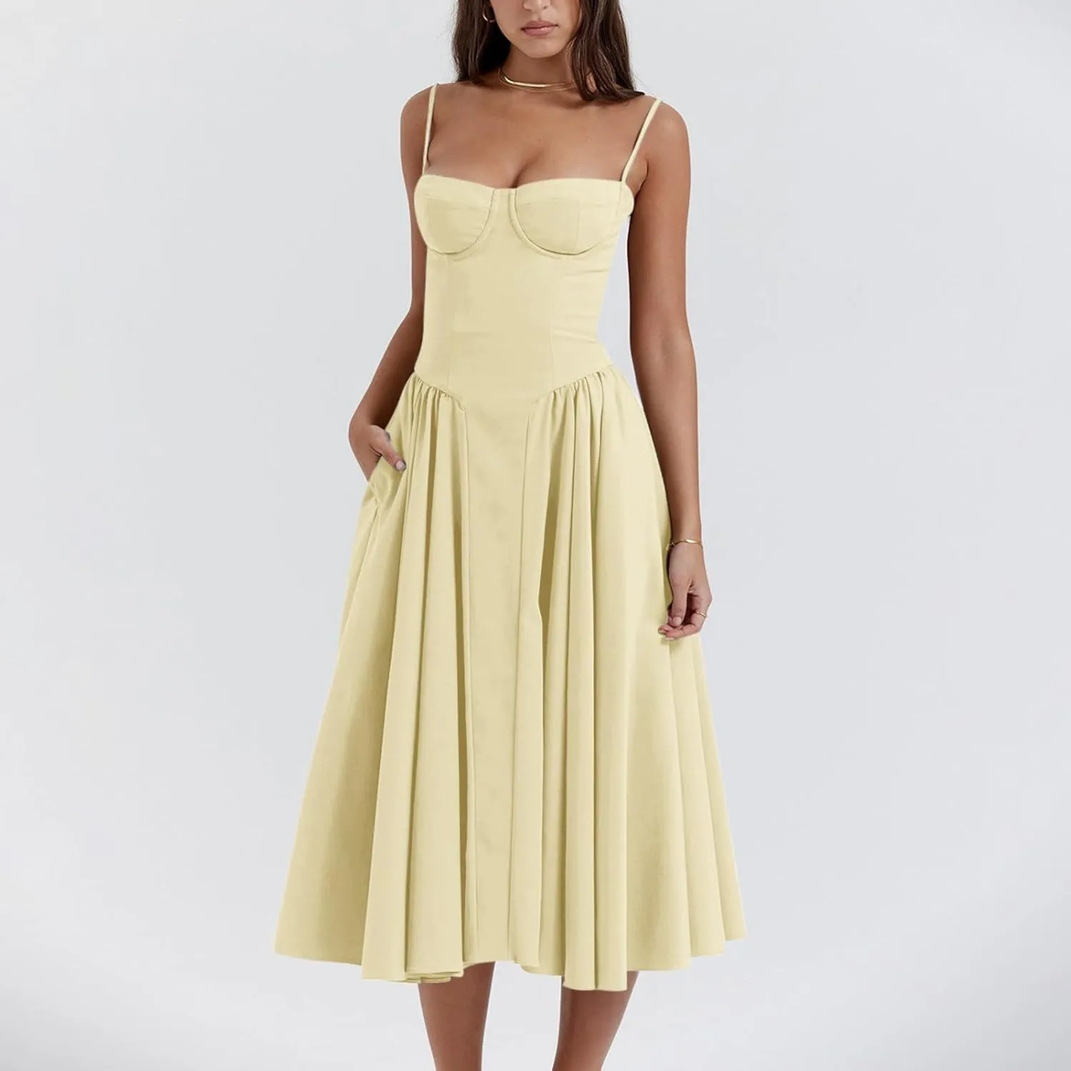 midelxp Womens Corset Dress Elegant Spaghetti Strap Bustier Midi Dress Low Cut Flowy Pleated Hem Formal Dresses with Pockets