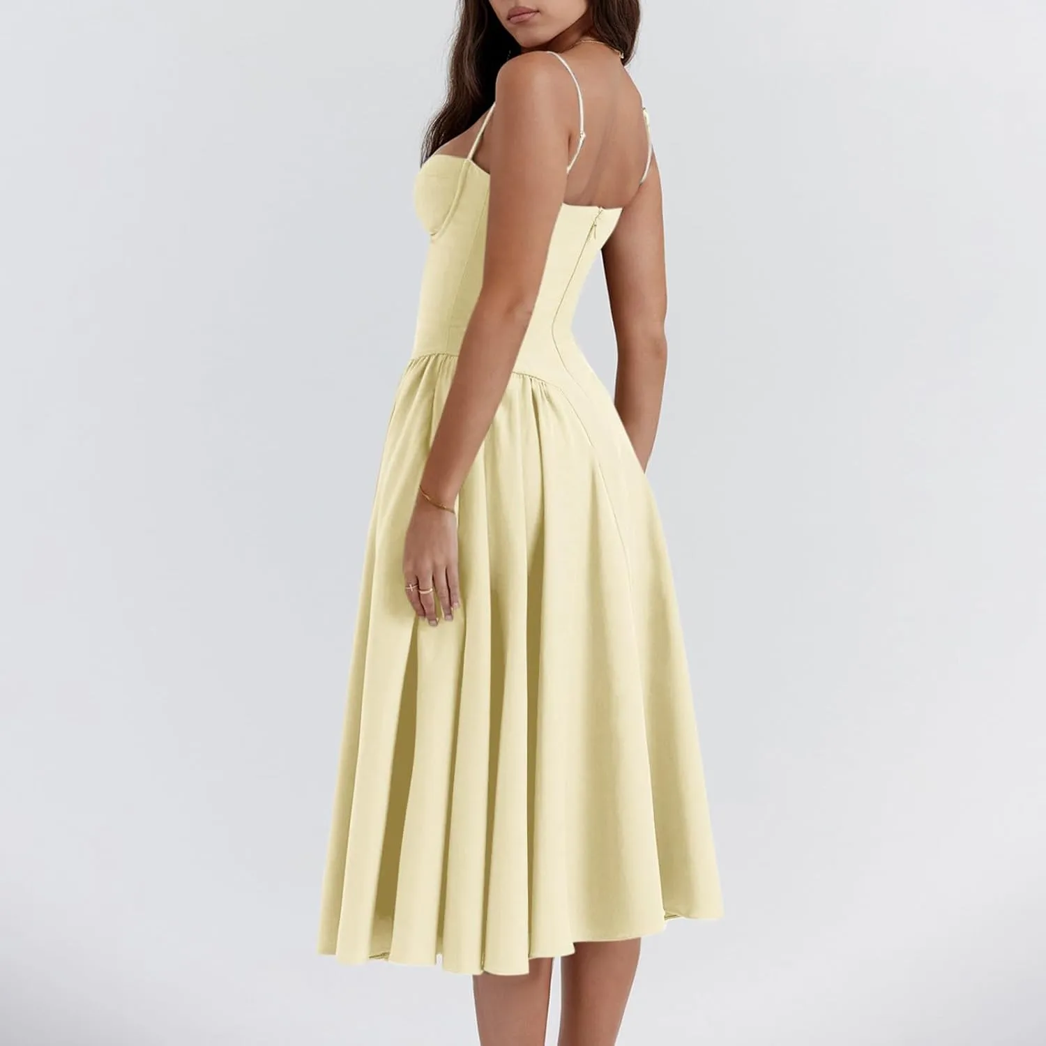 midelxp Womens Corset Dress Elegant Spaghetti Strap Bustier Midi Dress Low Cut Flowy Pleated Hem Formal Dresses with Pockets