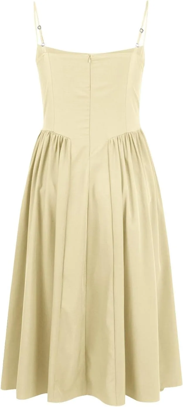 midelxp Womens Corset Dress Elegant Spaghetti Strap Bustier Midi Dress Low Cut Flowy Pleated Hem Formal Dresses with Pockets
