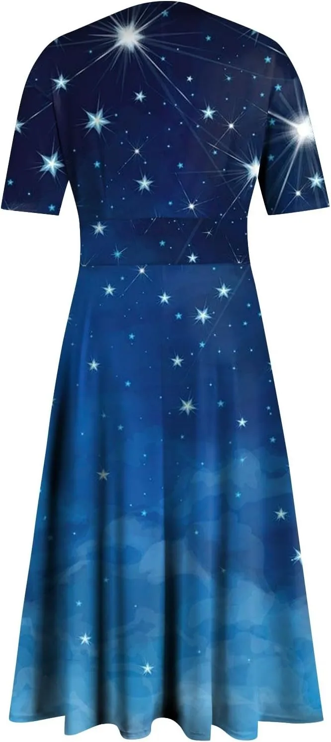 Midi Dresses for Women A-Line Waist V Neck Maxi Dresses Short Sleeve Swing Dress Printing Dressy Beach Dress