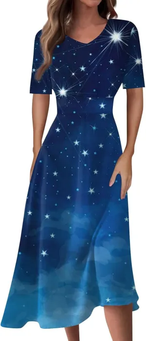 Midi Dresses for Women A-Line Waist V Neck Maxi Dresses Short Sleeve Swing Dress Printing Dressy Beach Dress
