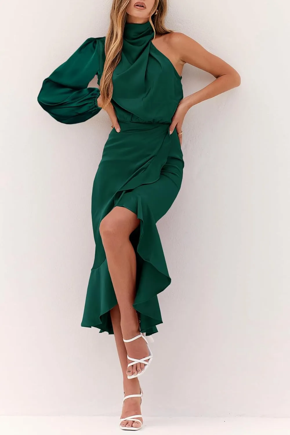 MITILLY Women's Satin Formal One-Shoulder Mock Neck Long Sleeve Bodycon Wrap Mermaid Hem Cocktail Party Maxi Dress New