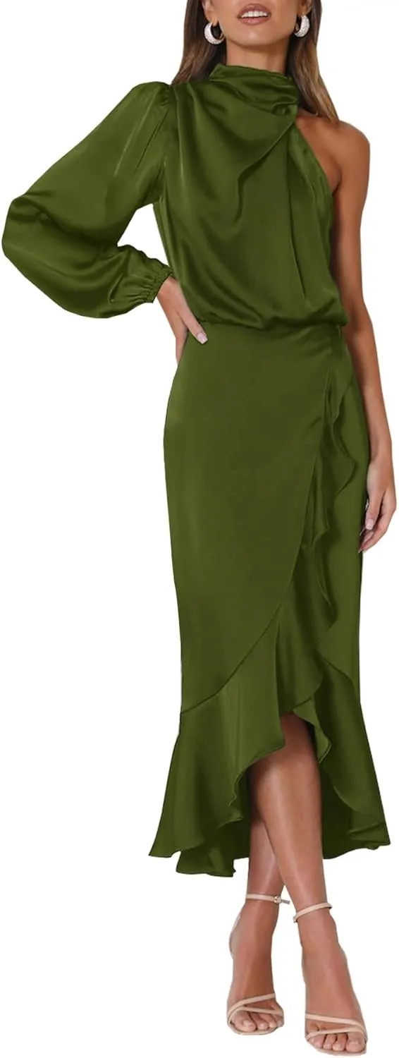 MITILLY Women's Satin Formal One-Shoulder Mock Neck Long Sleeve Bodycon Wrap Mermaid Hem Cocktail Party Maxi Dress New