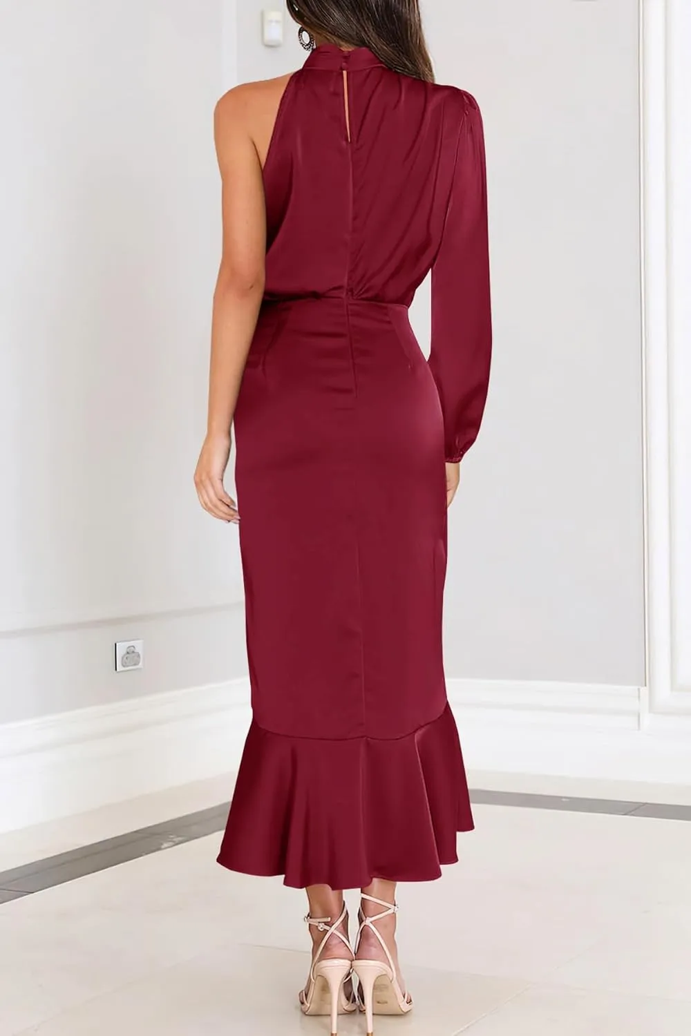 MITILLY Women's Satin Formal One-Shoulder Mock Neck Long Sleeve Bodycon Wrap Mermaid Hem Cocktail Party Maxi Dress New