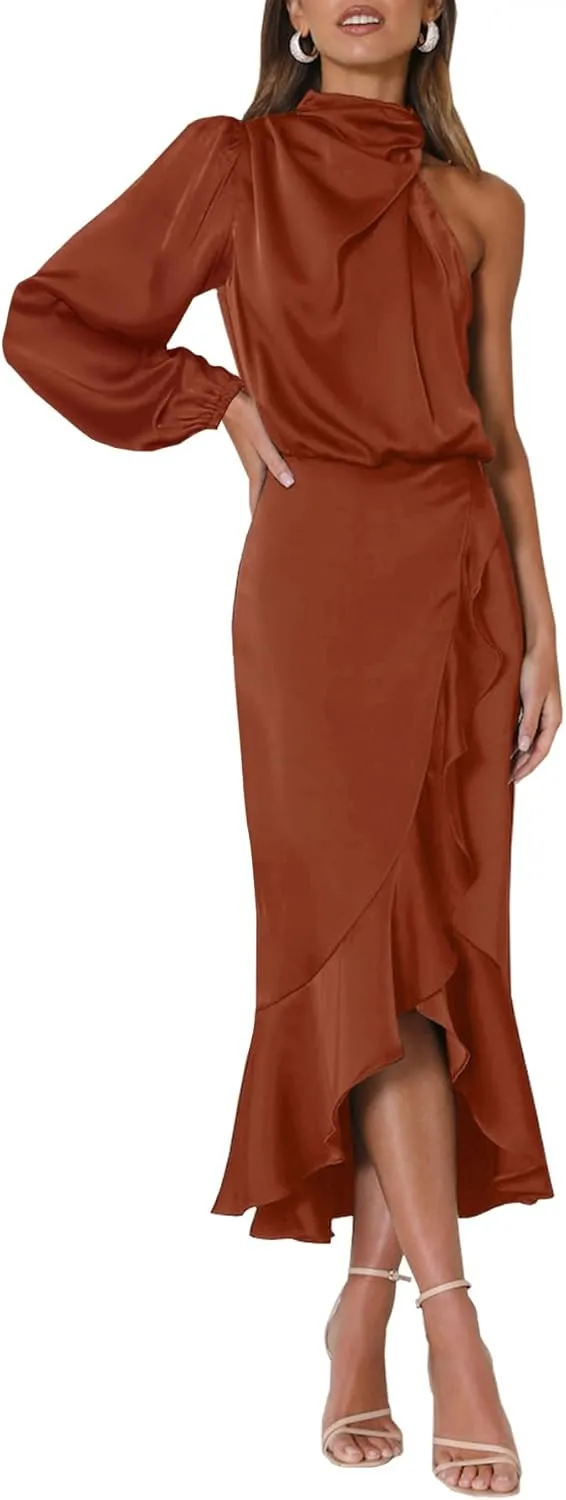 MITILLY Women's Satin Formal One-Shoulder Mock Neck Long Sleeve Bodycon Wrap Mermaid Hem Cocktail Party Maxi Dress New