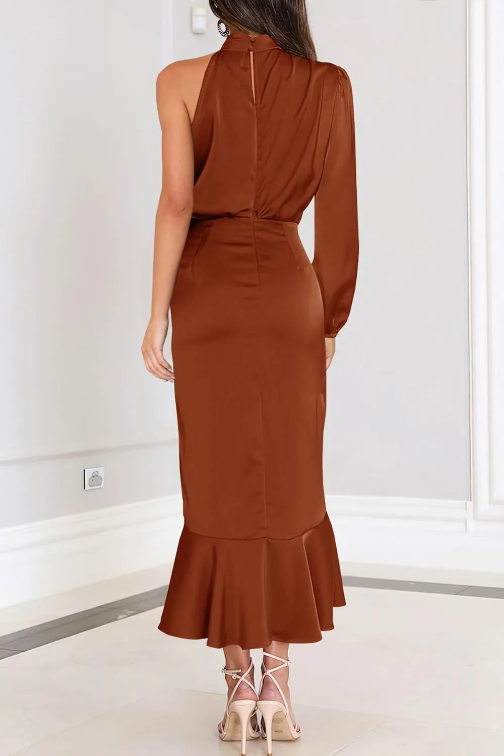 MITILLY Women's Satin Formal One-Shoulder Mock Neck Long Sleeve Bodycon Wrap Mermaid Hem Cocktail Party Maxi Dress New