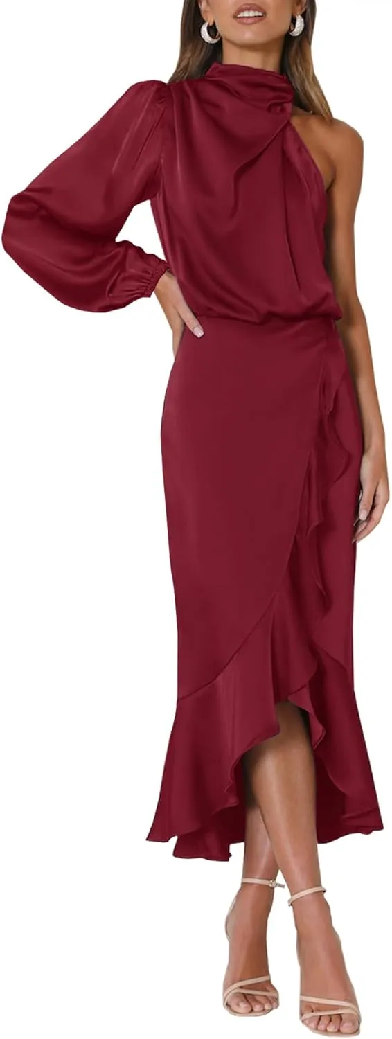 MITILLY Women's Satin Formal One-Shoulder Mock Neck Long Sleeve Bodycon Wrap Mermaid Hem Cocktail Party Maxi Dress New