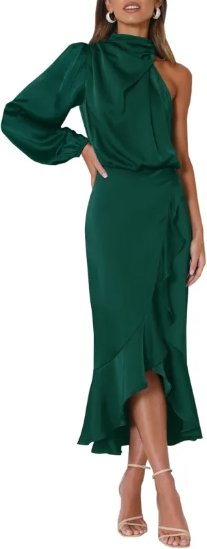 MITILLY Women's Satin Formal One-Shoulder Mock Neck Long Sleeve Bodycon Wrap Mermaid Hem Cocktail Party Maxi Dress New