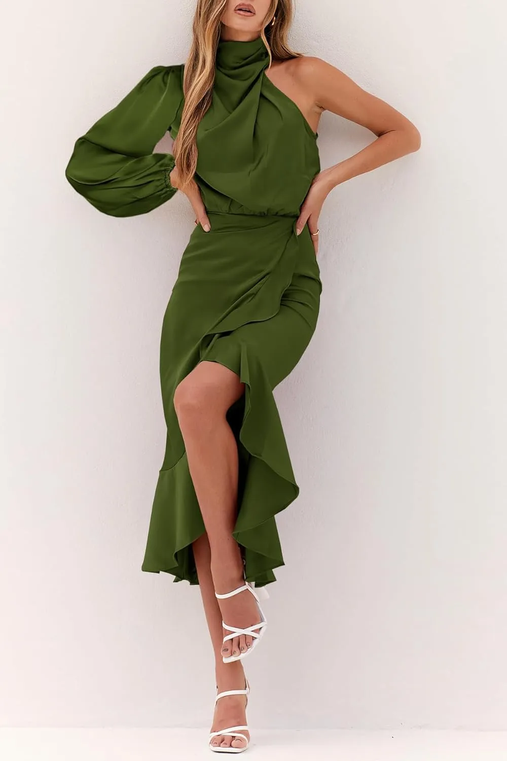 MITILLY Women's Satin Formal One-Shoulder Mock Neck Long Sleeve Bodycon Wrap Mermaid Hem Cocktail Party Maxi Dress New