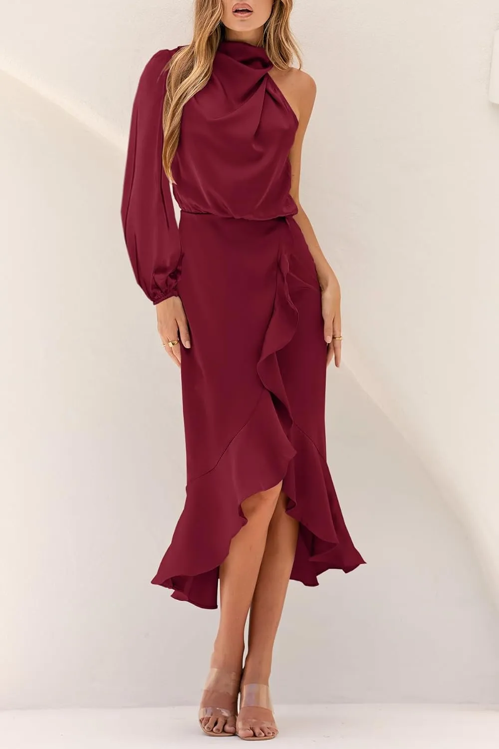 MITILLY Women's Satin Formal One-Shoulder Mock Neck Long Sleeve Bodycon Wrap Mermaid Hem Cocktail Party Maxi Dress New