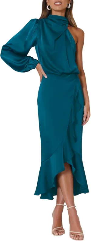 MITILLY Women's Satin Formal One-Shoulder Mock Neck Long Sleeve Bodycon Wrap Mermaid Hem Cocktail Party Maxi Dress New