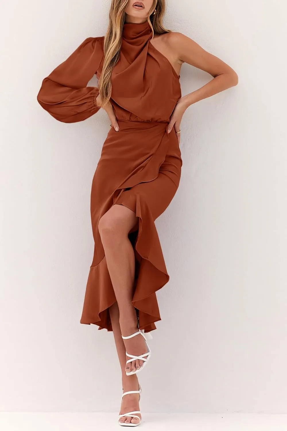 MITILLY Women's Satin Formal One-Shoulder Mock Neck Long Sleeve Bodycon Wrap Mermaid Hem Cocktail Party Maxi Dress New