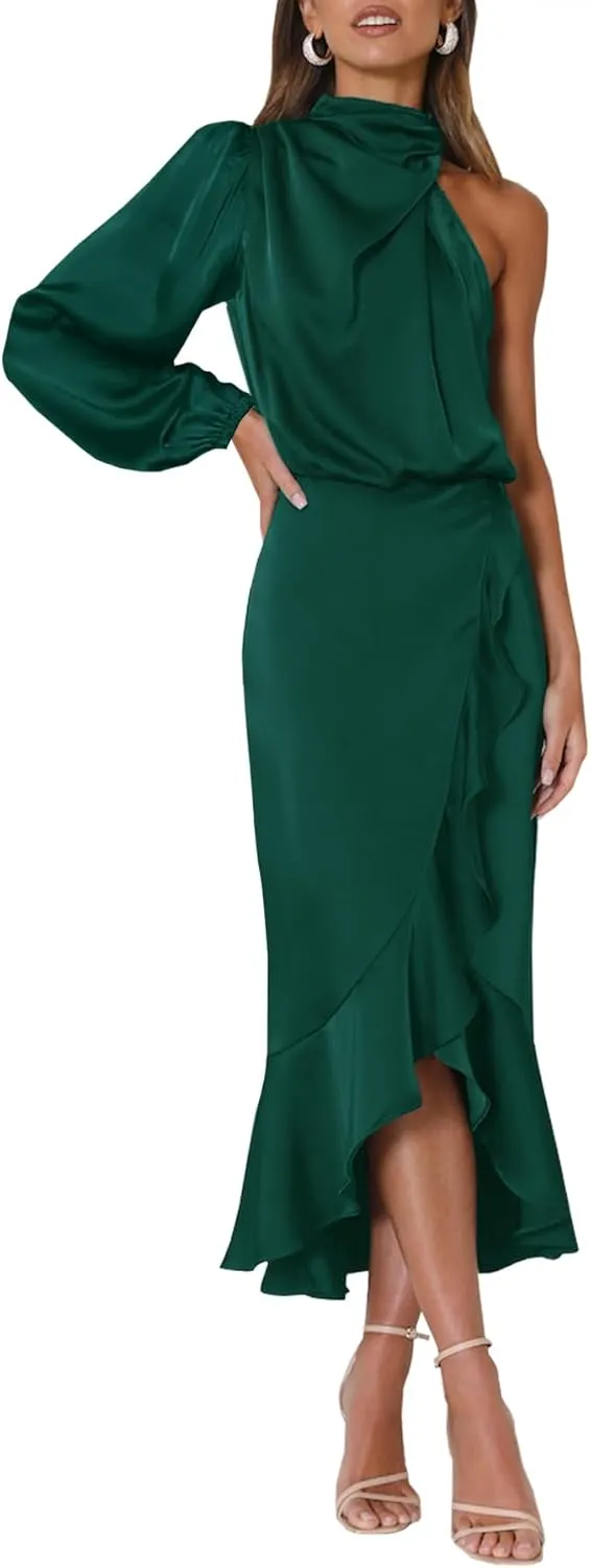 MITILLY Women's Satin Formal One-Shoulder Mock Neck Long Sleeve Bodycon Wrap Mermaid Hem Cocktail Party Maxi Dress New