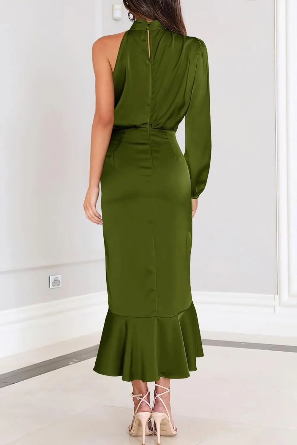 MITILLY Women's Satin Formal One-Shoulder Mock Neck Long Sleeve Bodycon Wrap Mermaid Hem Cocktail Party Maxi Dress New