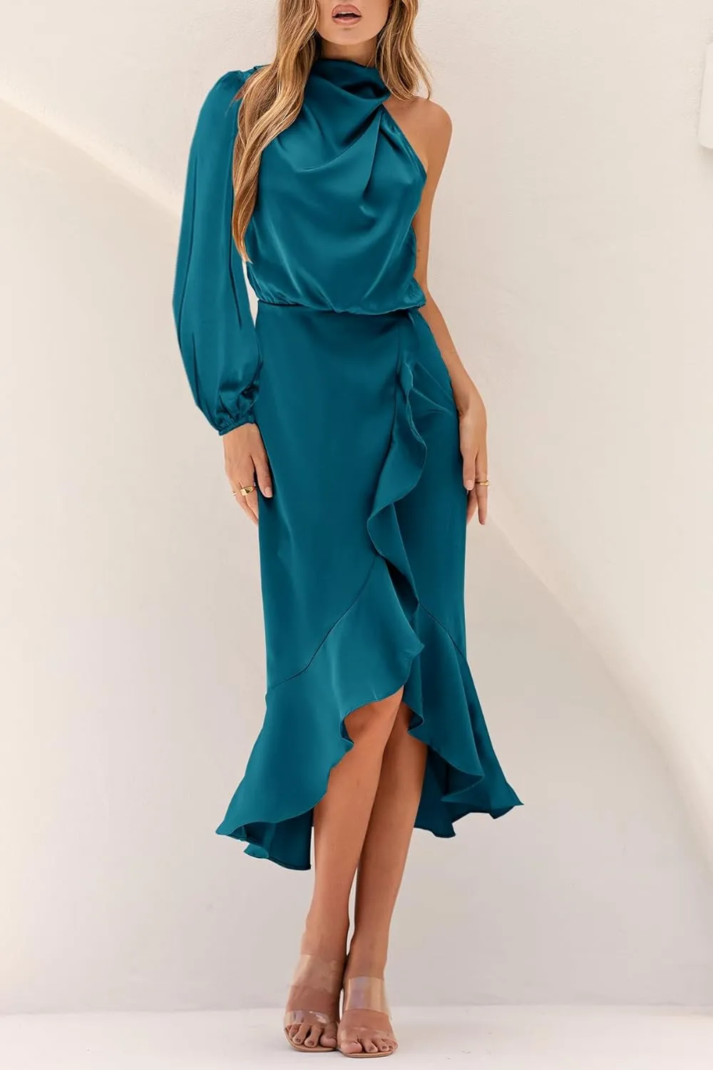 MITILLY Women's Satin Formal One-Shoulder Mock Neck Long Sleeve Bodycon Wrap Mermaid Hem Cocktail Party Maxi Dress New