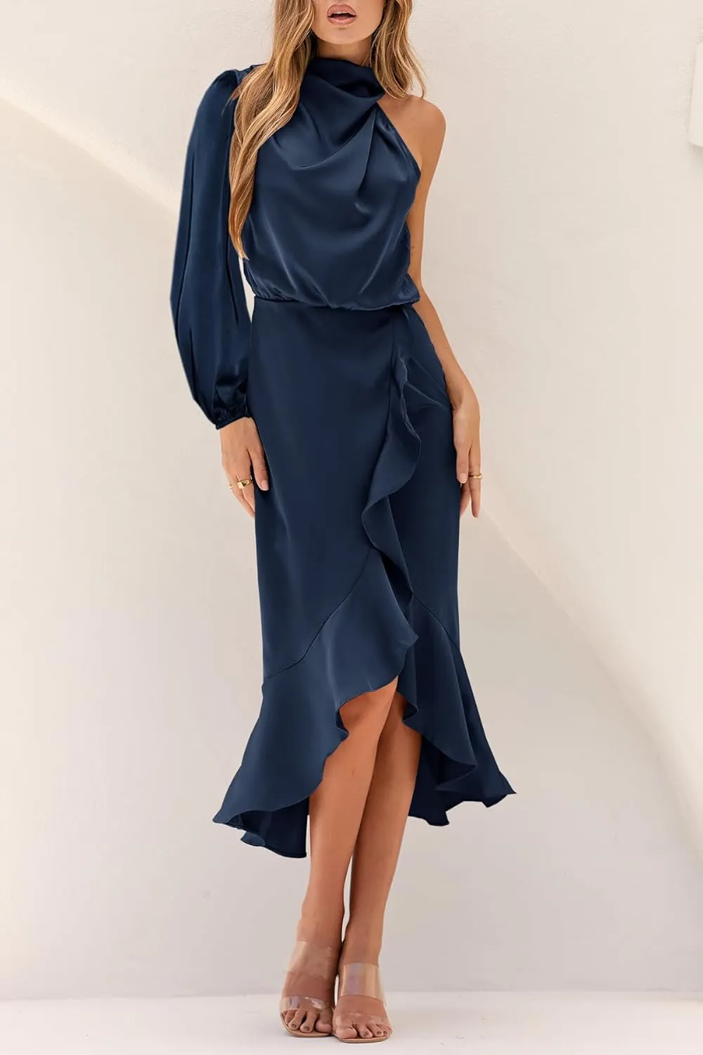 MITILLY Women's Satin Formal One-Shoulder Mock Neck Long Sleeve Bodycon Wrap Mermaid Hem Cocktail Party Maxi Dress New