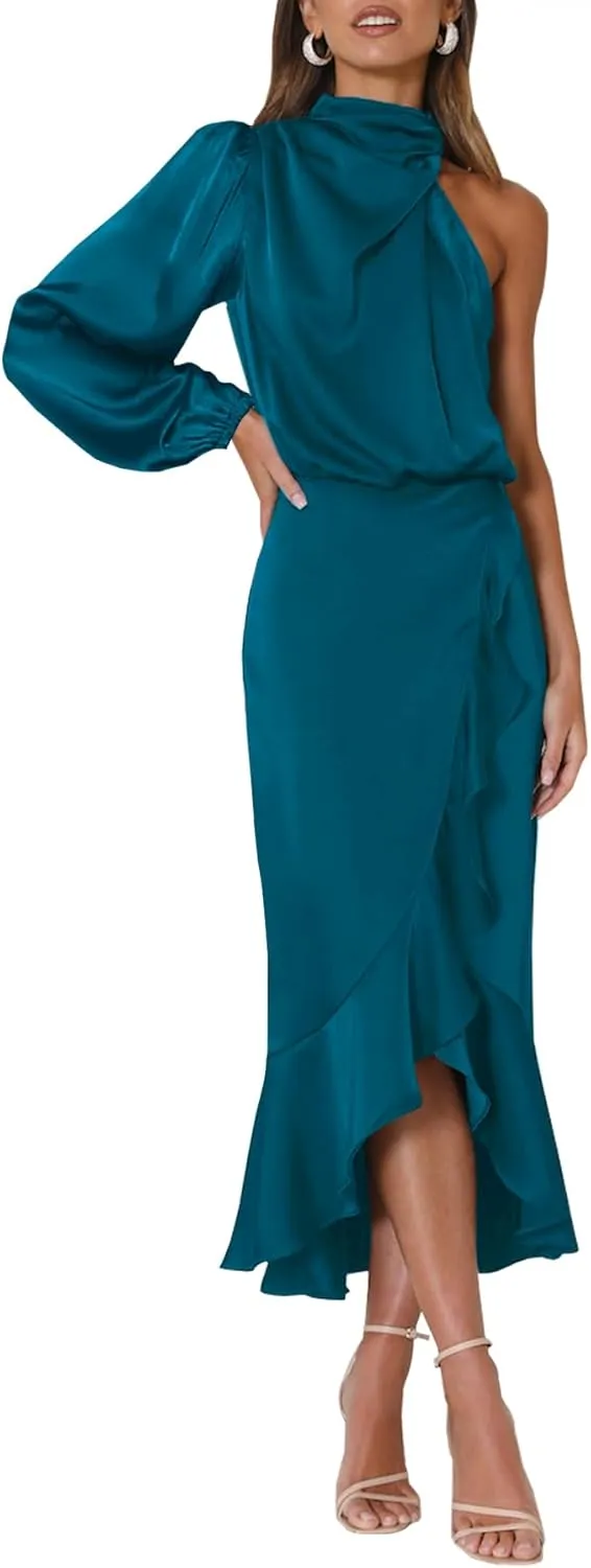 MITILLY Women's Satin Formal One-Shoulder Mock Neck Long Sleeve Bodycon Wrap Mermaid Hem Cocktail Party Maxi Dress New