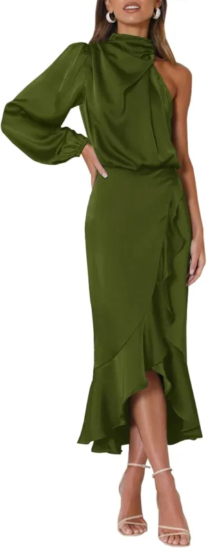 MITILLY Women's Satin Formal One-Shoulder Mock Neck Long Sleeve Bodycon Wrap Mermaid Hem Cocktail Party Maxi Dress New