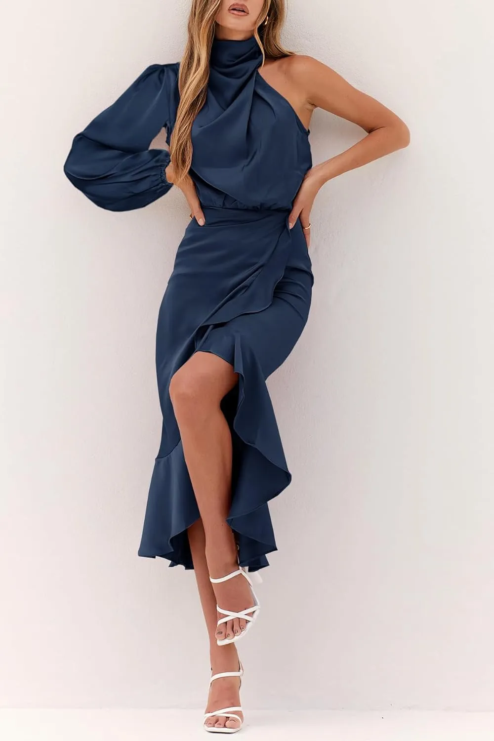 MITILLY Women's Satin Formal One-Shoulder Mock Neck Long Sleeve Bodycon Wrap Mermaid Hem Cocktail Party Maxi Dress New