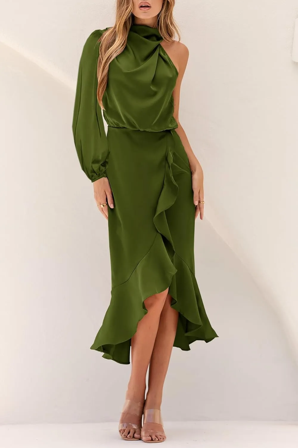 MITILLY Women's Satin Formal One-Shoulder Mock Neck Long Sleeve Bodycon Wrap Mermaid Hem Cocktail Party Maxi Dress New