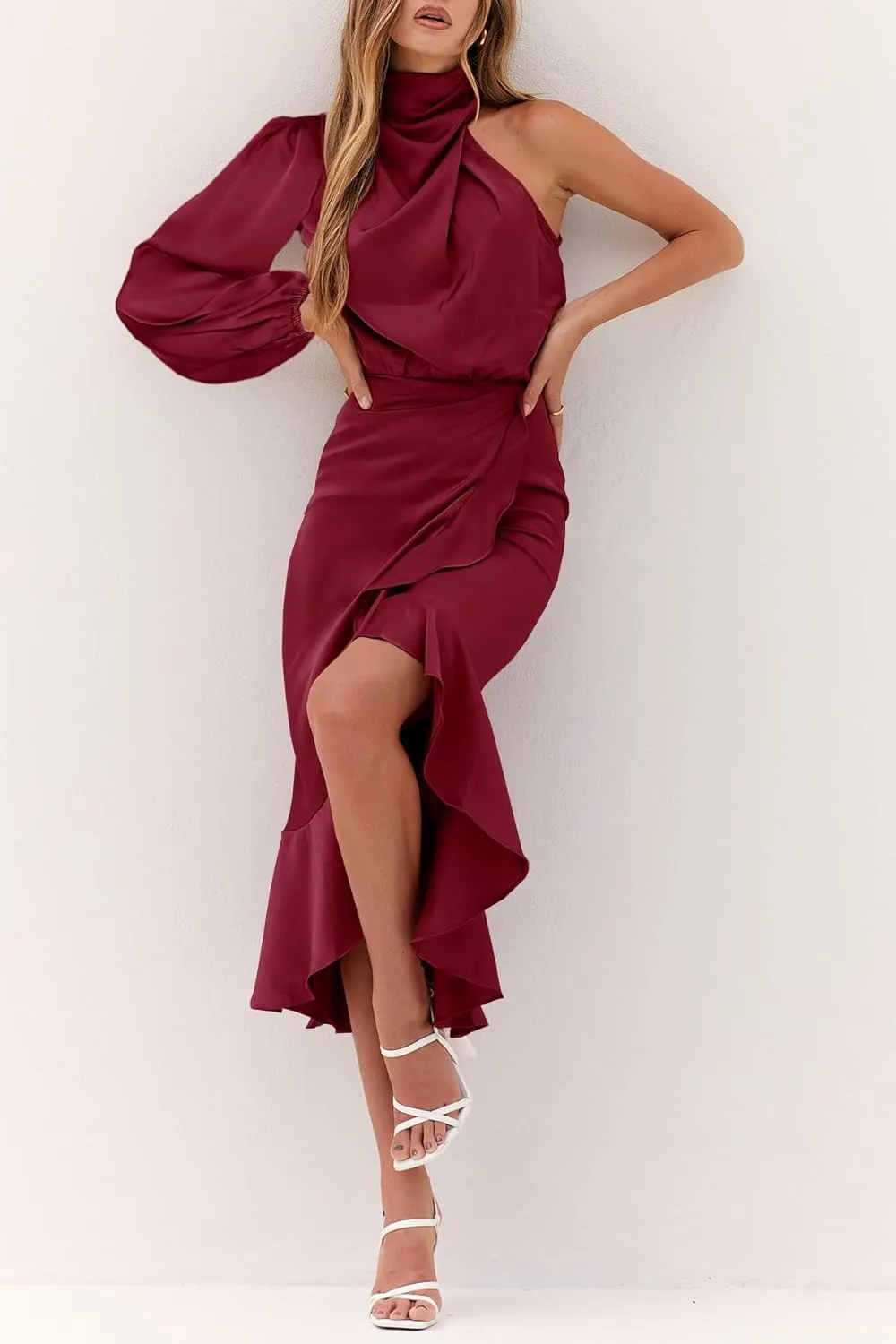 MITILLY Women's Satin Formal One-Shoulder Mock Neck Long Sleeve Bodycon Wrap Mermaid Hem Cocktail Party Maxi Dress New