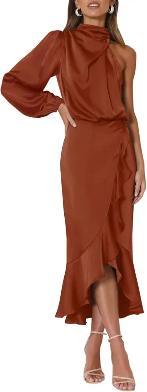 MITILLY Women's Satin Formal One-Shoulder Mock Neck Long Sleeve Bodycon Wrap Mermaid Hem Cocktail Party Maxi Dress New