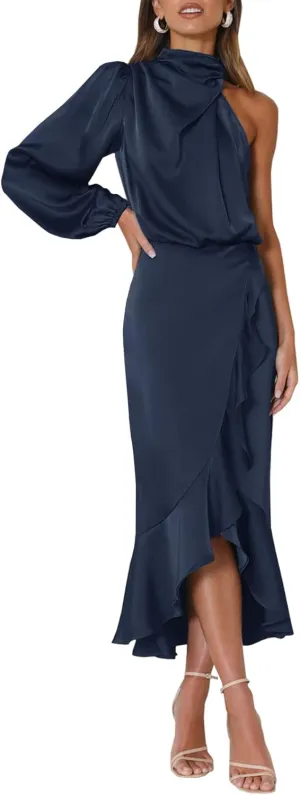 MITILLY Women's Satin Formal One-Shoulder Mock Neck Long Sleeve Bodycon Wrap Mermaid Hem Cocktail Party Maxi Dress New