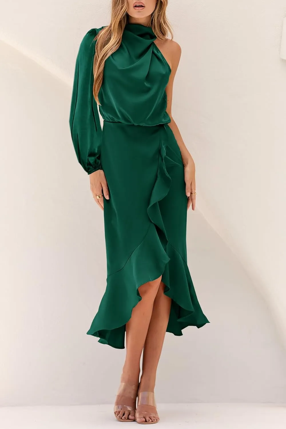 MITILLY Women's Satin Formal One-Shoulder Mock Neck Long Sleeve Bodycon Wrap Mermaid Hem Cocktail Party Maxi Dress New