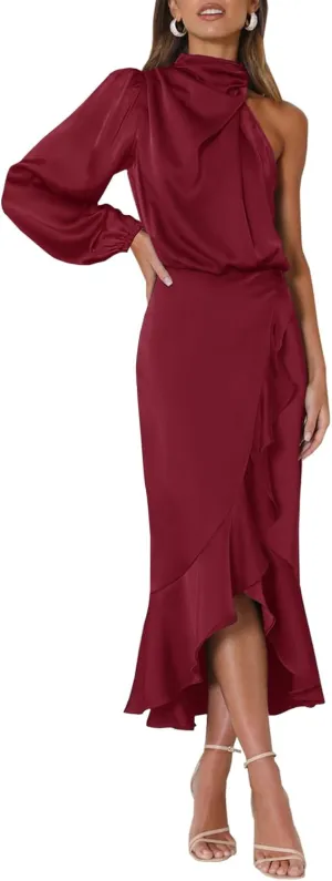 MITILLY Women's Satin Formal One-Shoulder Mock Neck Long Sleeve Bodycon Wrap Mermaid Hem Cocktail Party Maxi Dress New