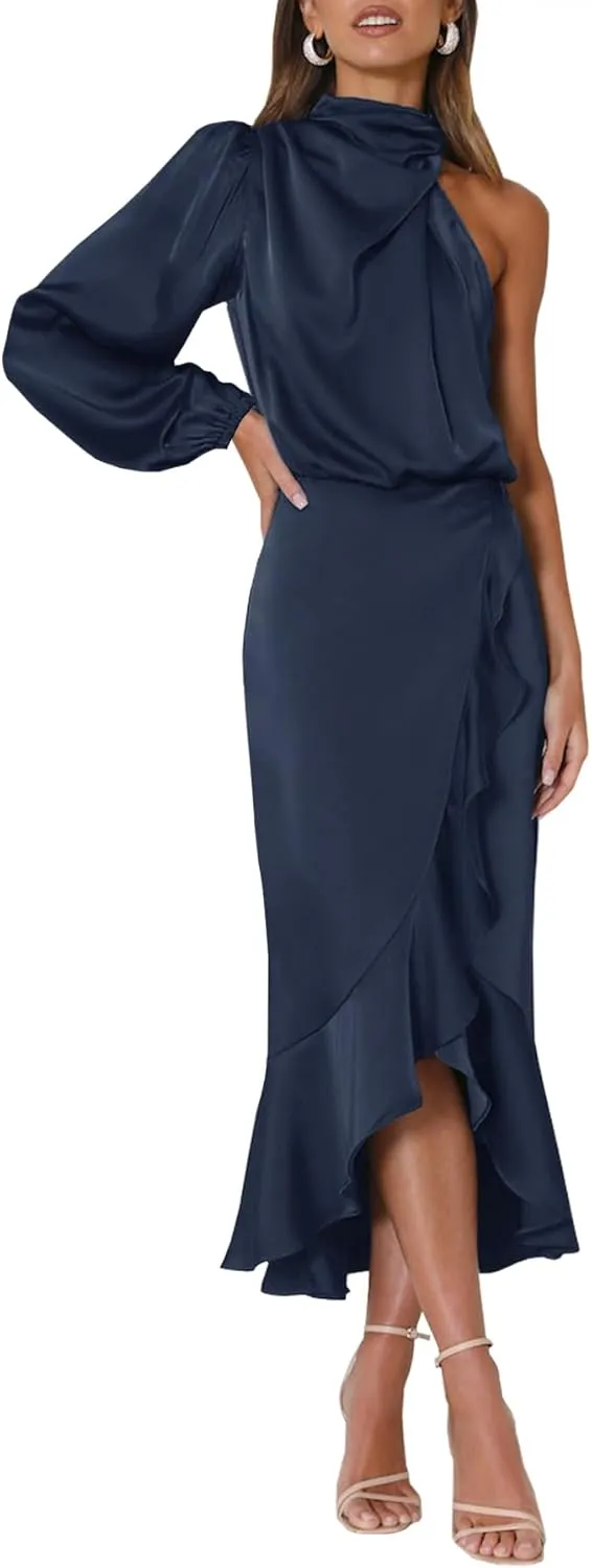 MITILLY Women's Satin Formal One-Shoulder Mock Neck Long Sleeve Bodycon Wrap Mermaid Hem Cocktail Party Maxi Dress New