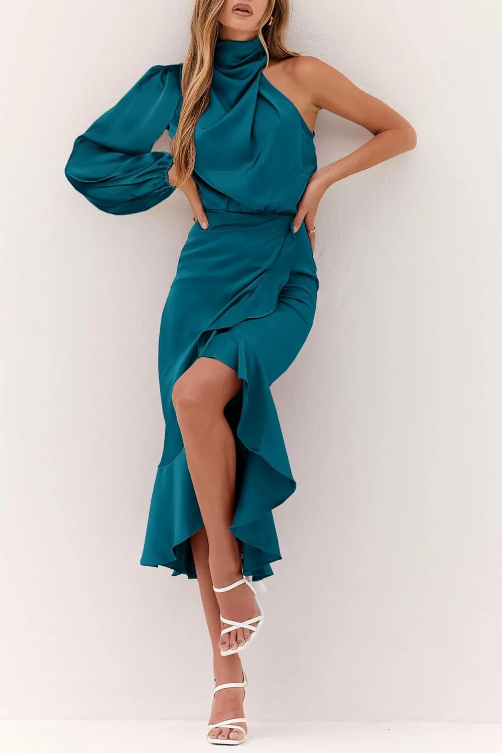 MITILLY Women's Satin Formal One-Shoulder Mock Neck Long Sleeve Bodycon Wrap Mermaid Hem Cocktail Party Maxi Dress New