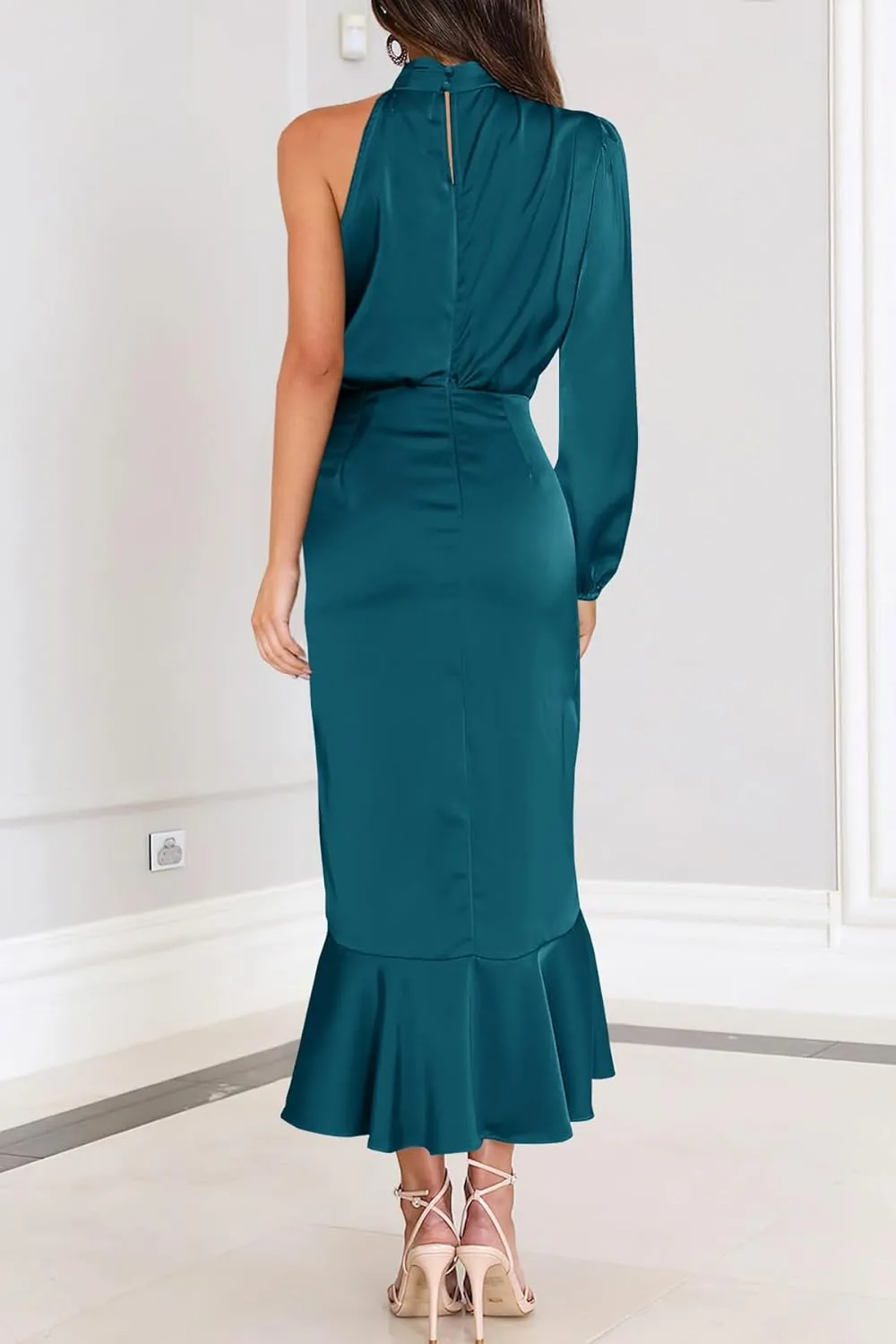 MITILLY Women's Satin Formal One-Shoulder Mock Neck Long Sleeve Bodycon Wrap Mermaid Hem Cocktail Party Maxi Dress New
